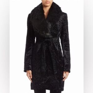 NWOT Ivanka Trump Small Black Faux Fur Collar Coat with Belt